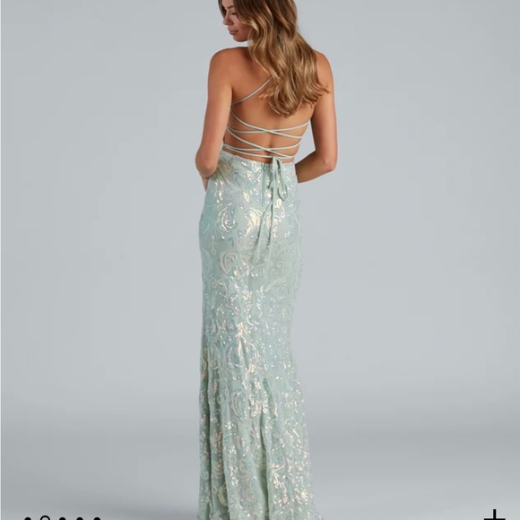 Mint Colour Sequin Prom Dress - Picture 4 of 6